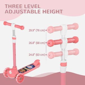 Trottinette à 3 roues, hauteur réglable, frein arrière, éclairage LED, guidon en TPE, rose