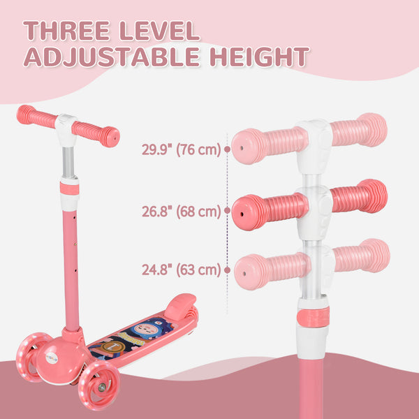 Trottinette à 3 roues, hauteur réglable, frein arrière, éclairage LED, guidon en TPE, rose