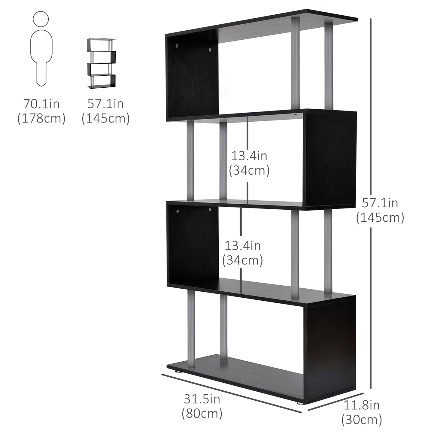5-Tier Geometric Wooden Bookcase, Black