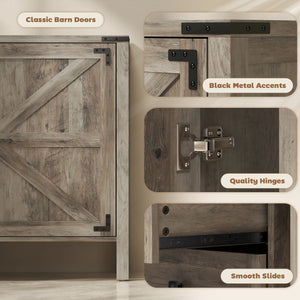 Buffet de style campagnard, avec plateau épais, 2 portes de grange, 4 tiroirs et 2 étagères réglables, gris