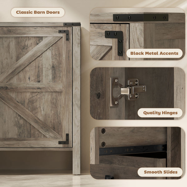 Buffet de style campagnard, avec plateau épais, 2 portes de grange, 4 tiroirs et 2 étagères réglables, gris