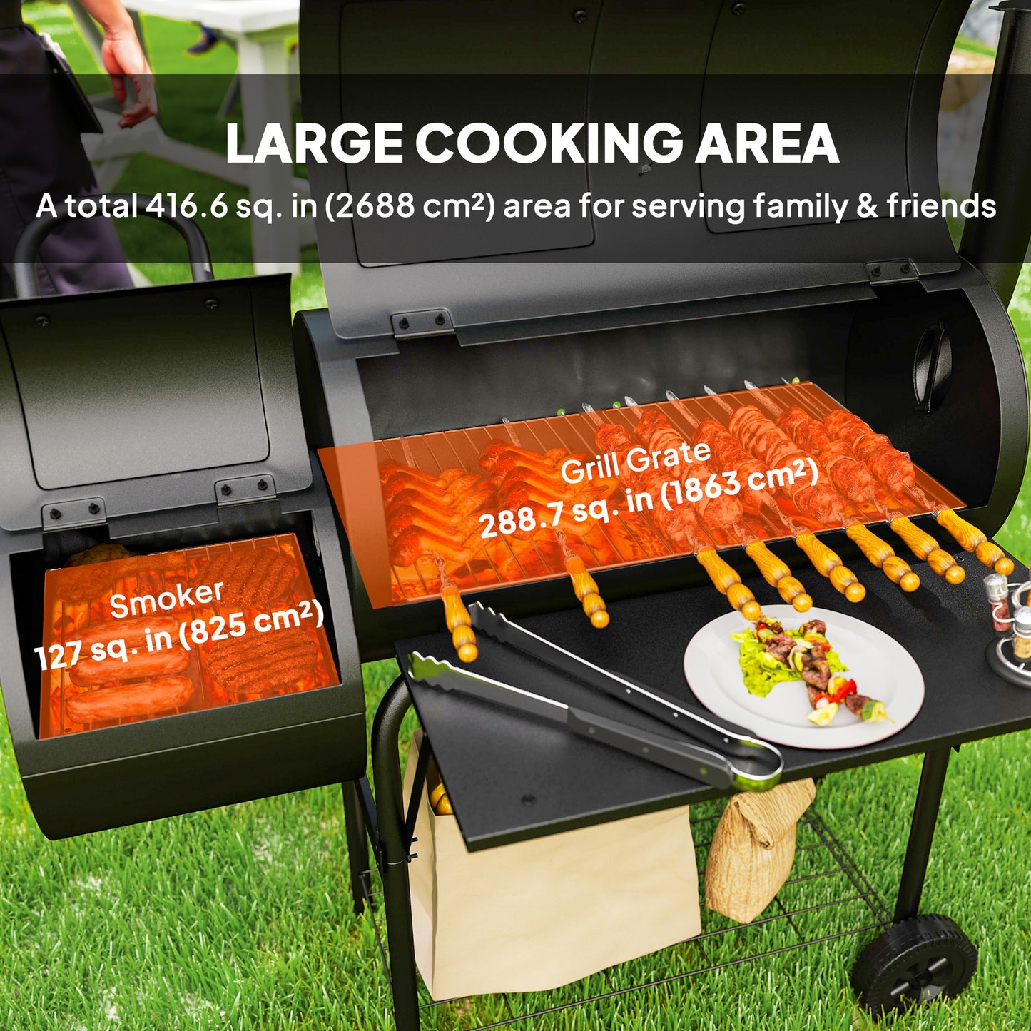 Barbecue portable à charbon de bois avec fumoir décalé, noir