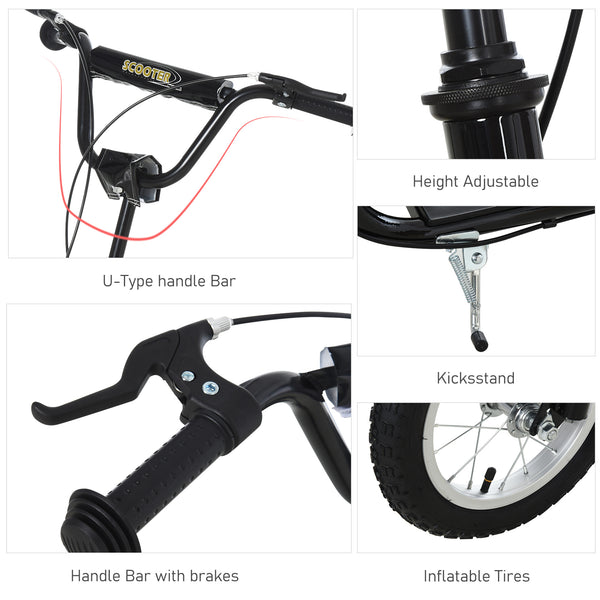 Trottinette à roues gonflable à double frein, roue avant de 30 cm, noire