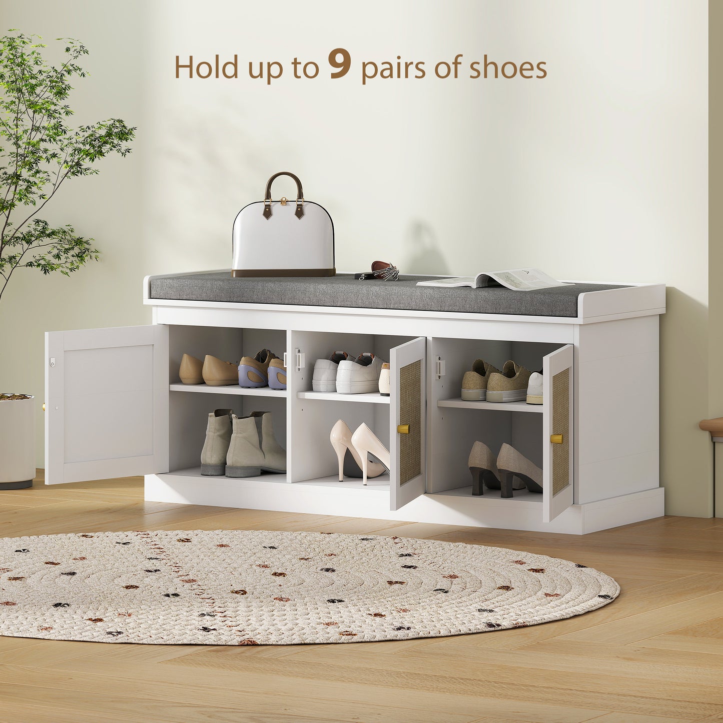 Bbanc d'entrée avec portes en rotin tressé et coussin, étagères réglables, blanc