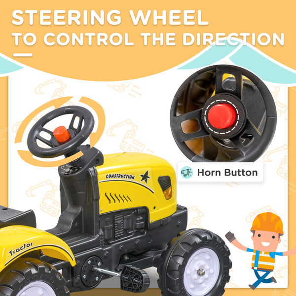 Ride-on excavator with rear trailer, shovel and rake