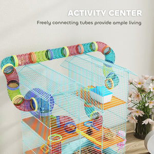 Cage pour hamste à 5 niveaux pour petits animaux avec système de tunnel, roue d'exercice, bouteille d'eau, bleu clair