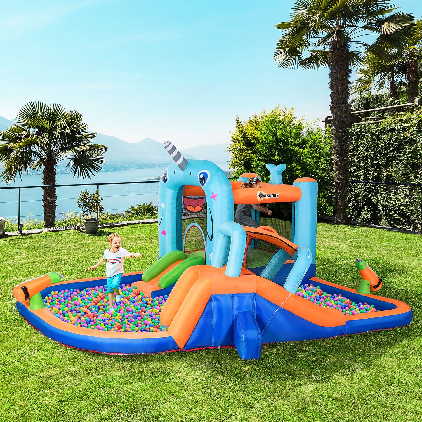 5 in 1 Narwhal Style Inflatable Water Slide for Kids with Slide, Trampoline, Pool, Water Gun, Climbing Wall, Carry Bag, 450W Air Blower