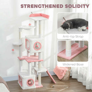 65-inch Cat Tree with 2 Doors, Plush Perch, Hammock, Sisal Scratching Posts, White