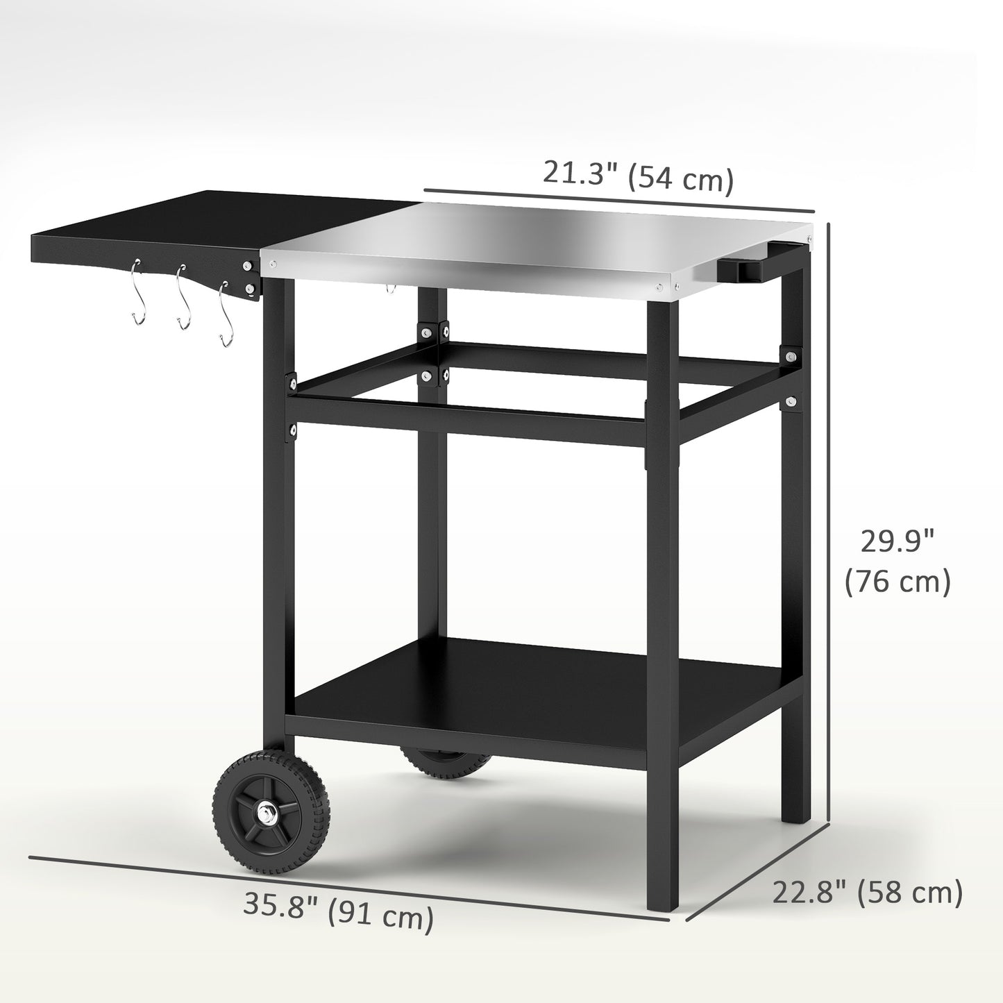 Outsunny Outdoor Kitchen Prep Station with Stainless Steel Top and Foldable Side Table, Pizza Oven Table Outdoor Prep Table with Hooks Shelf, Movable BBQ Table with Cover, Black |
