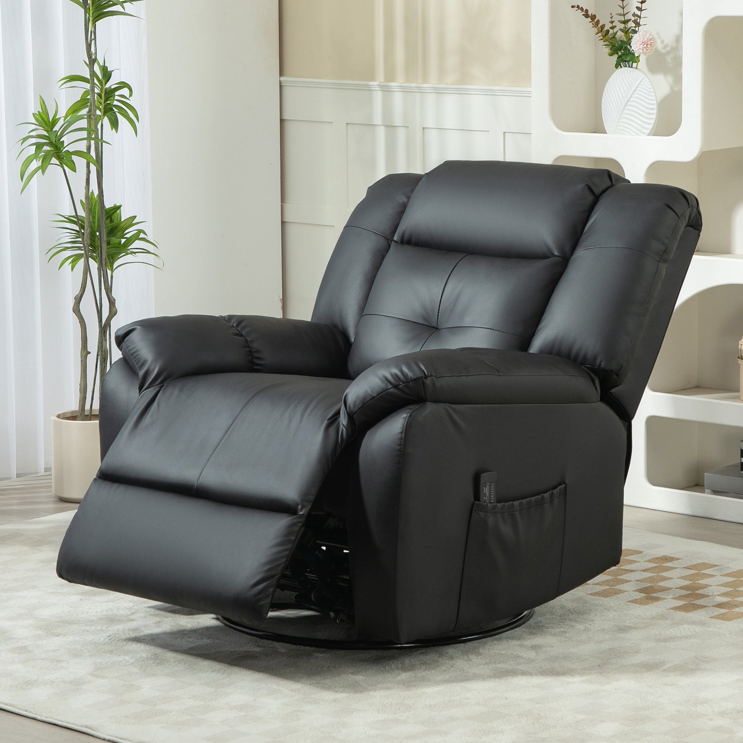 Fauteuil inclinable massant à vibrations 8 points en cuir, pivotant, poches latérales, noir