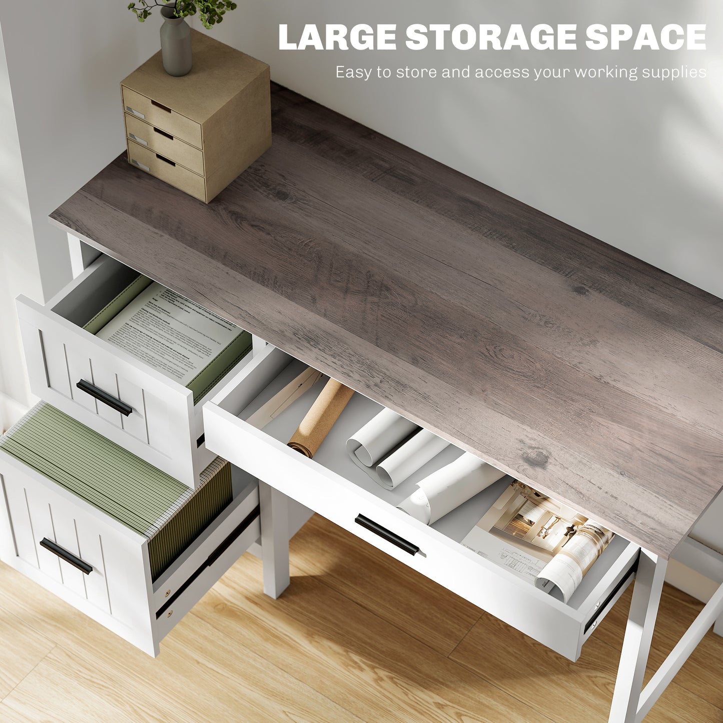 Country Style 3 Drawer Computer Desk with File Drawer and Wooden Top for Small Spaces, White