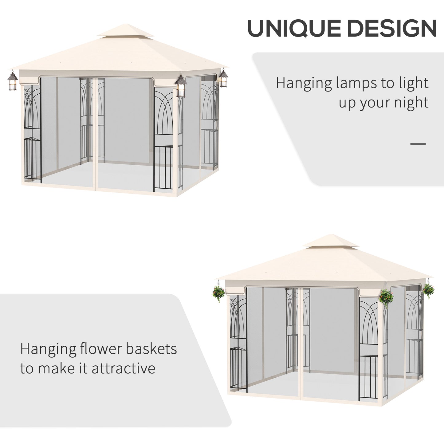 Gazebo de terrasse 10'x10' à toit souple avec toit à deux niveaux, rideaux en maille, étagères de présentation, crochets supérieurs, couleur crème