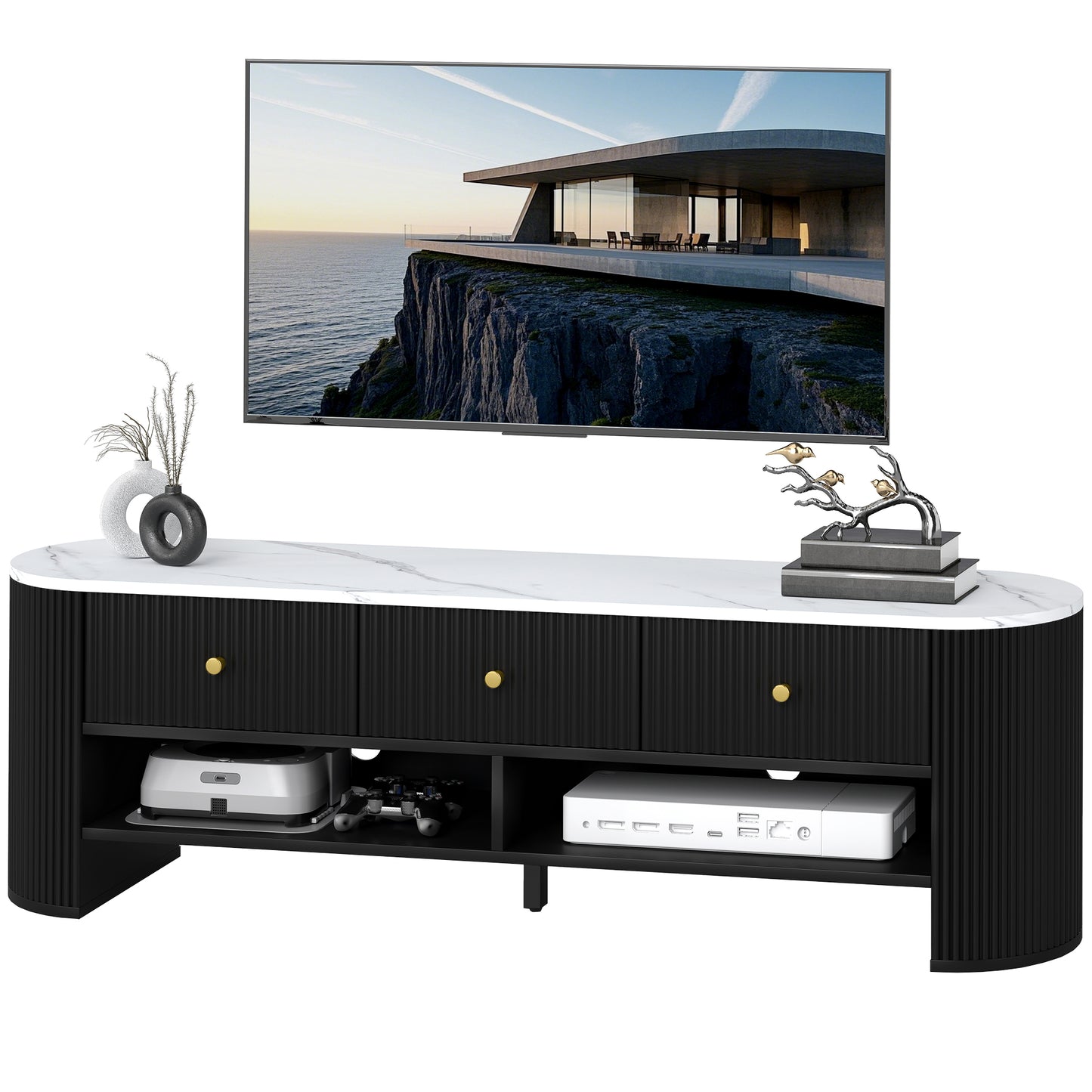 Meuble TV moderne avec plateau effet marbre, 3 tiroirs et 2 étagères ouvertes pour téléviseur de 32 à 65 pouces, noir