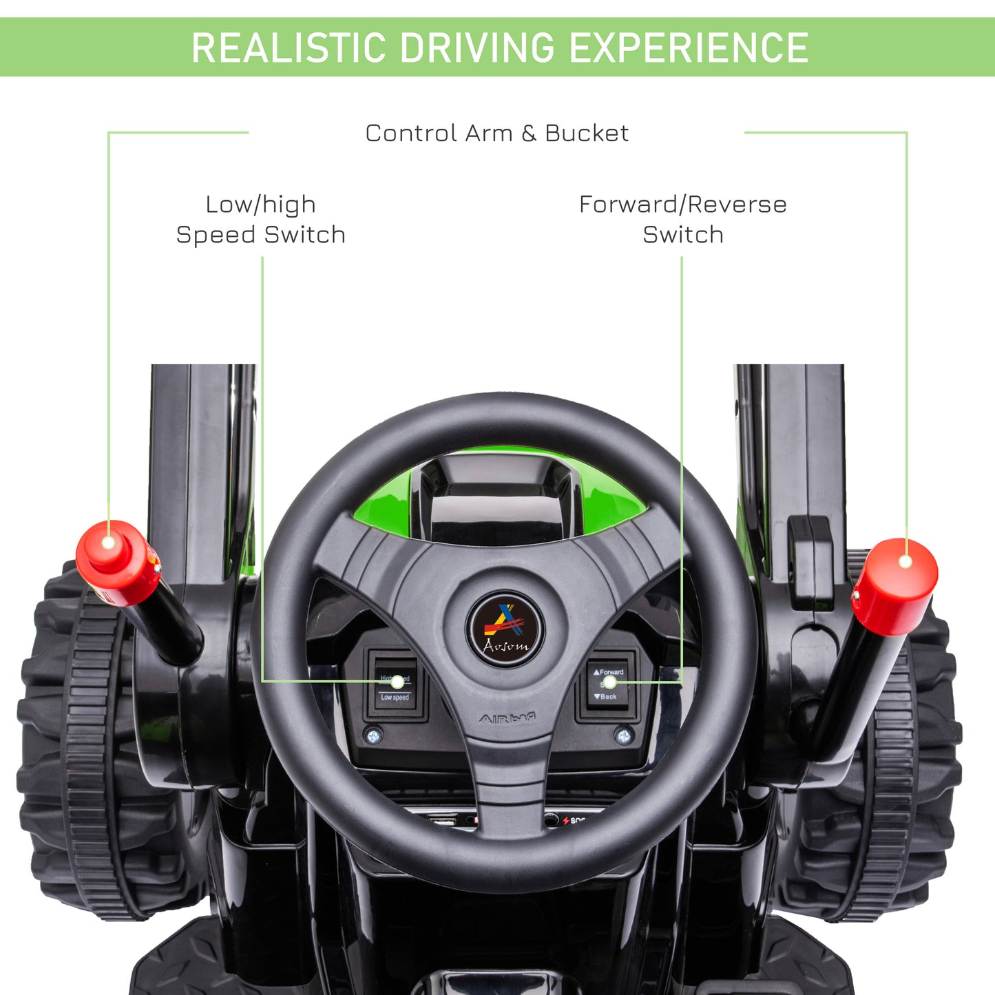 6 Volt Battery Powered Kids Tractor, Ride-On Excavator, Music, Front Headlight, Reverse, Green
