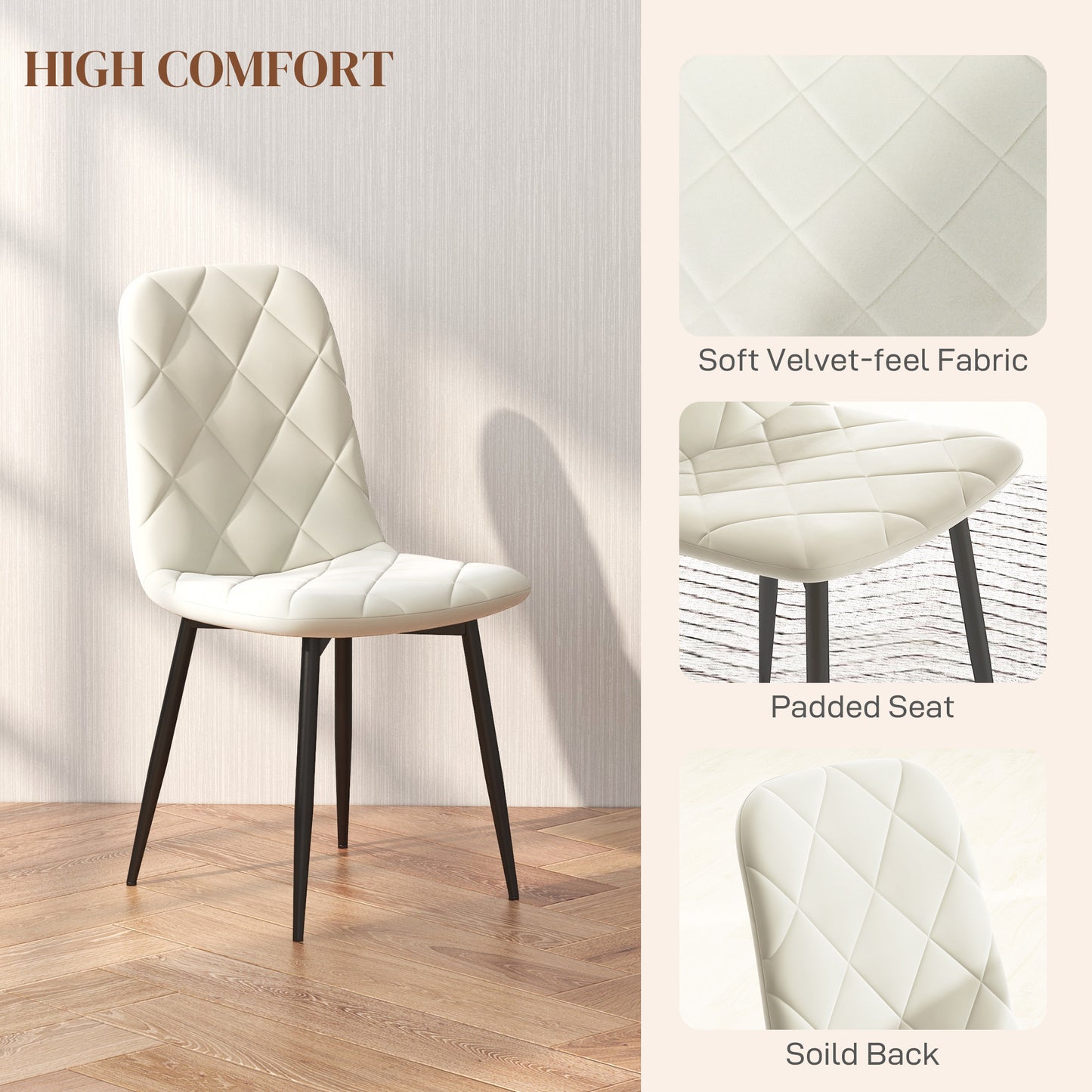 Lot de 4 chaises de salle à manger rembourrées avec pieds en acier, couleur crème