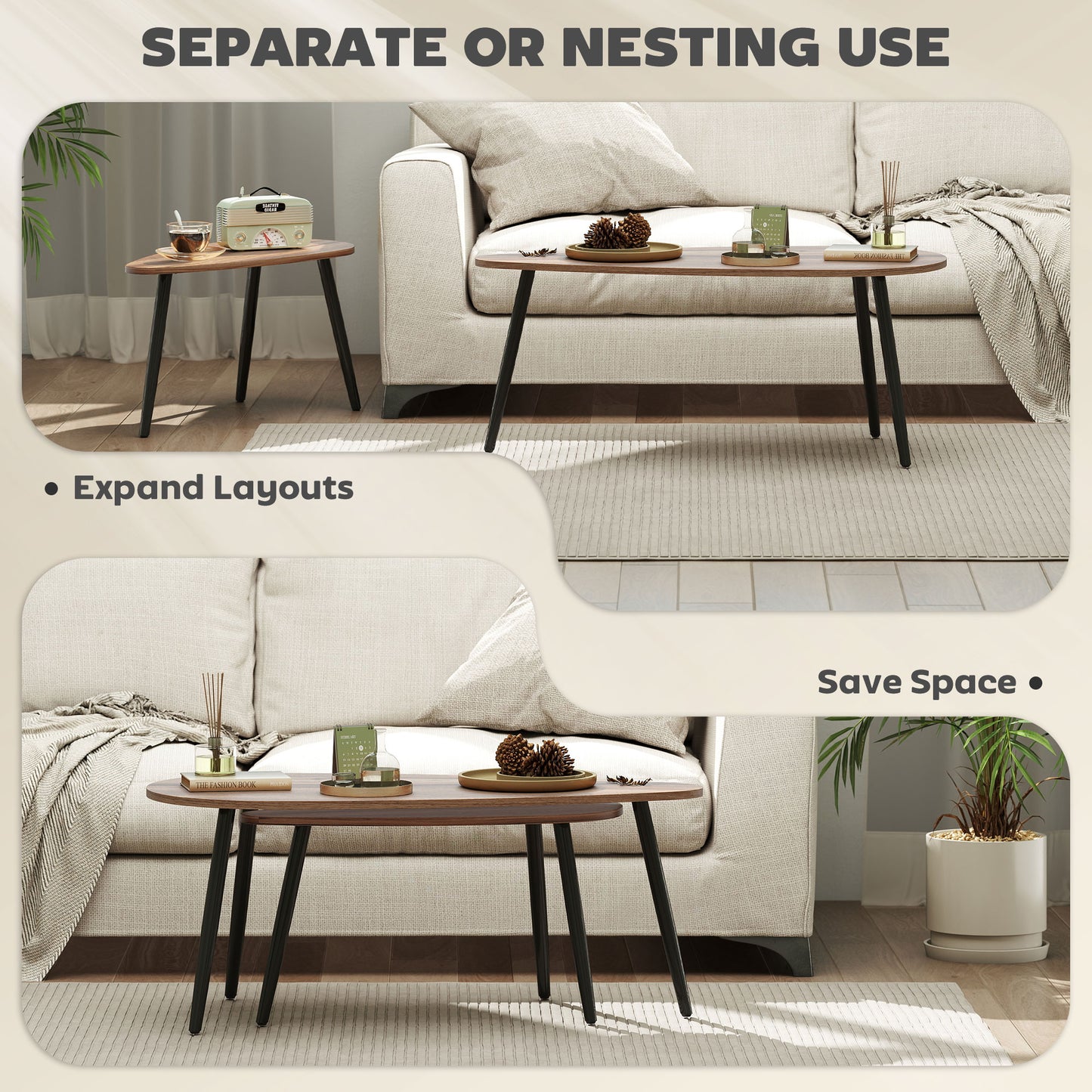 Ensemble de 2 tables basses industrielles avec pieds en acier, marron