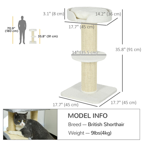 Cat tree with sisal mat, scratching post, basket, cushion and perch, cream white