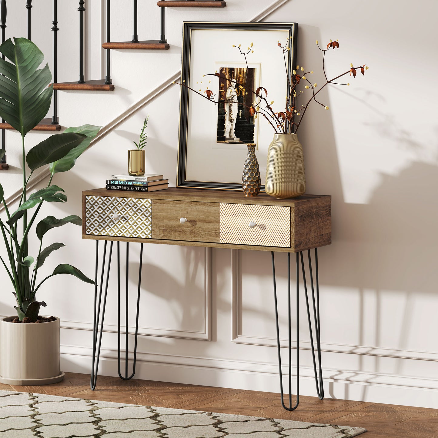 Console avec tiroirs de 89 cm avec pieds en épingle à cheveux, marron