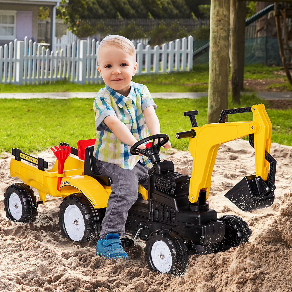 Pedal tractor with horn and removable trailer, yellow