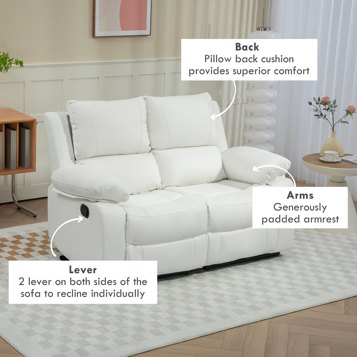 Manual Reclining Sofa Faux Leather Sofa with Retractable Footrest for Living Room, White
