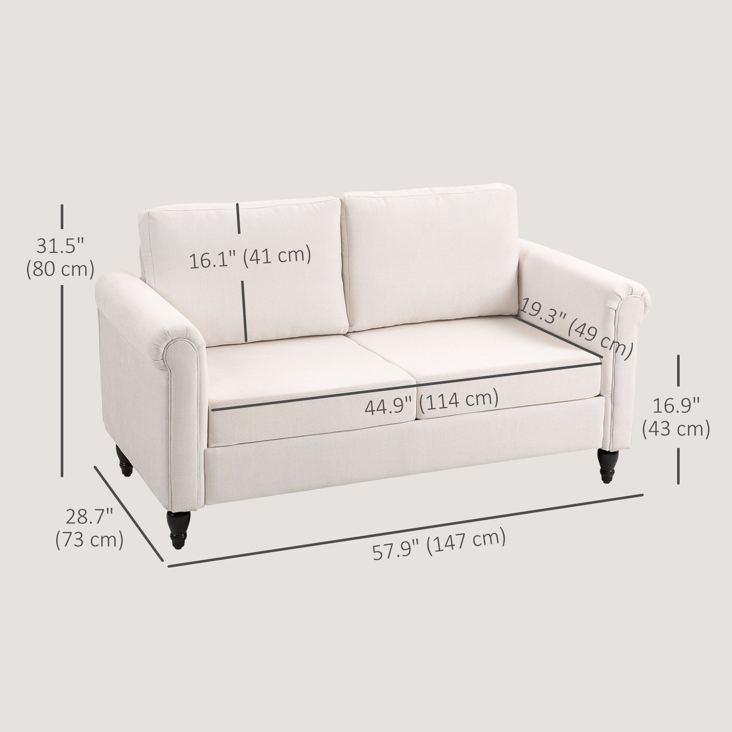Vintage 2-seater upholstered sofa, chenille fabric, rolled armrests, rubberwood legs, cream white