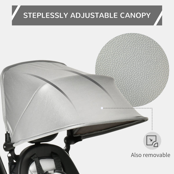 Tricycle 4 en 1 avec siège réglable et réversible, auvent et ceinture, gris
