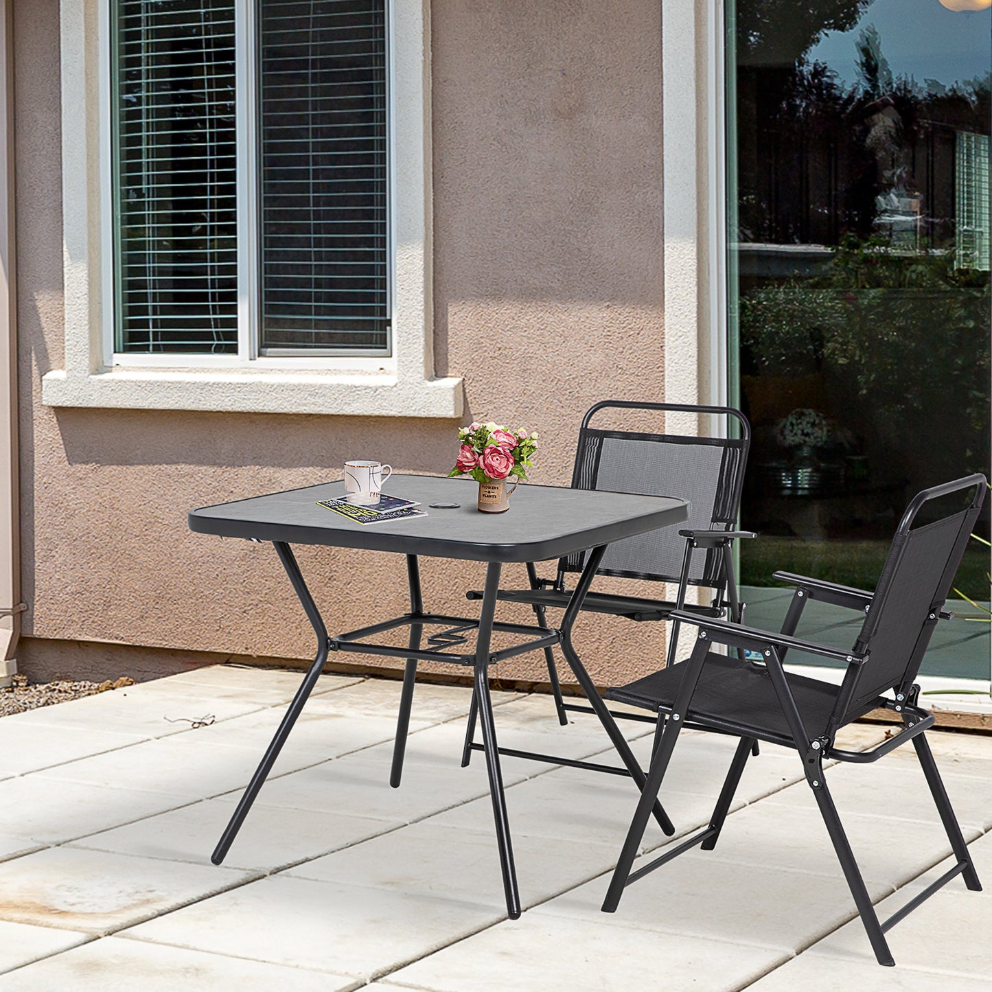 Outsunny Square Outdoor Table, Bistro Coffee Table with Faux Marble Top and 42mm Umbrella Hole, Dark Grey