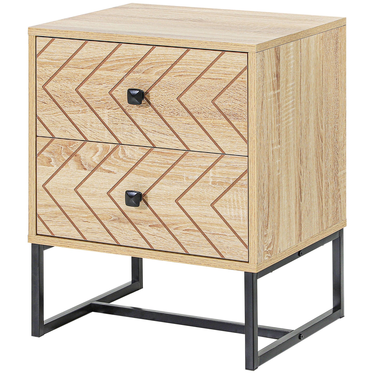 Table de chevet moderne avec tiroirs et pieds en métal, design en zigzag, couleur naturelle