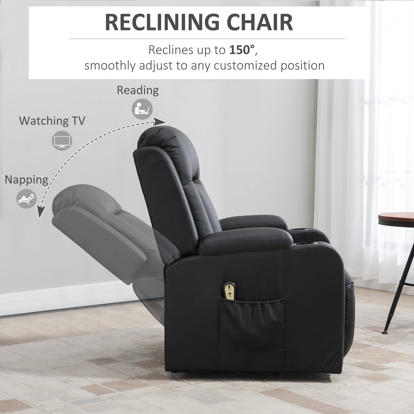 Fauteuil releveur électrique, fauteuil inclinable en cuir PU avec repose-pieds, télécommande, poches latérales et porte-gobelets, noir