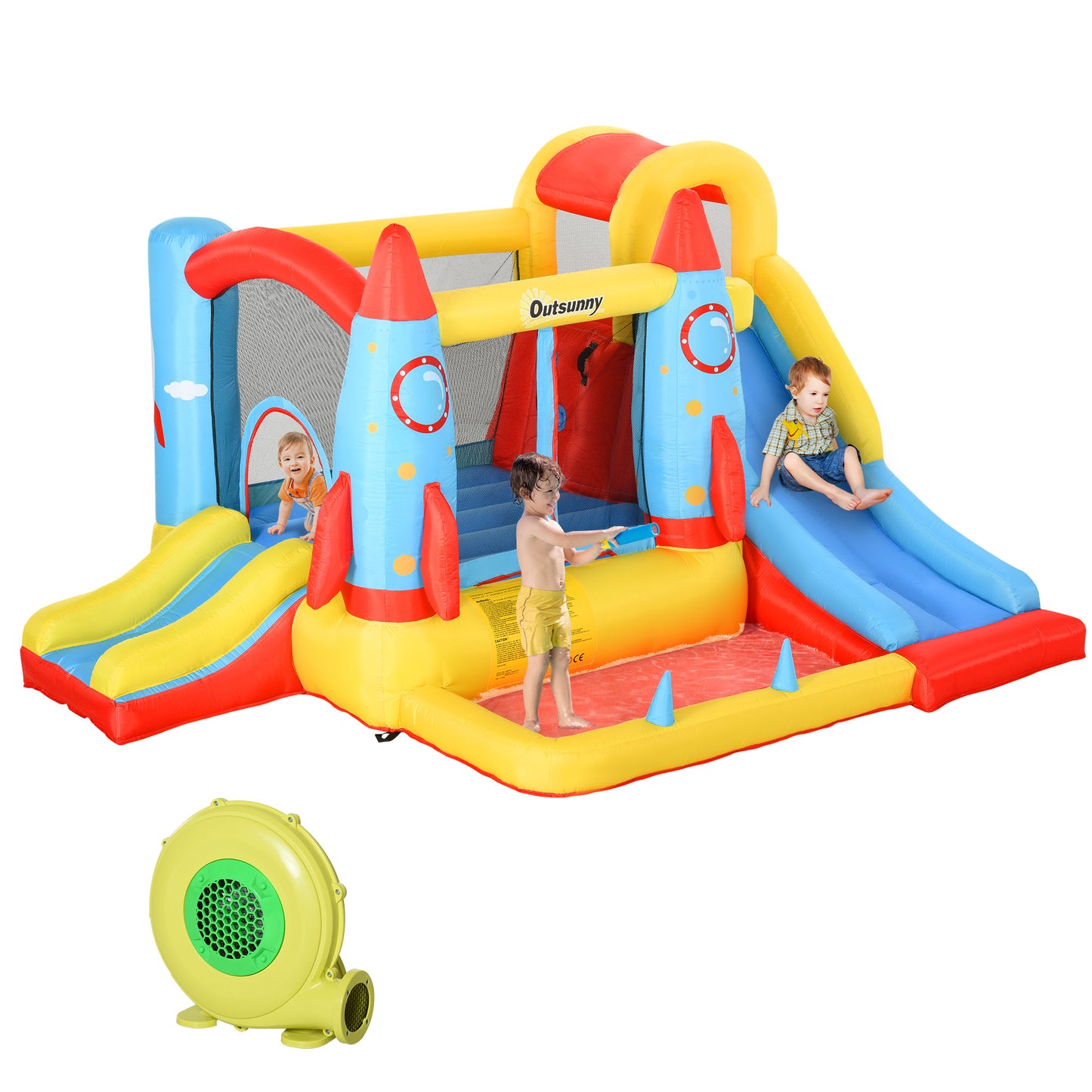 Outsunny Bounce Castle Inflatable Trampoline Slide Pool Rocket Design 11.14' x 9.18' x 6.06'