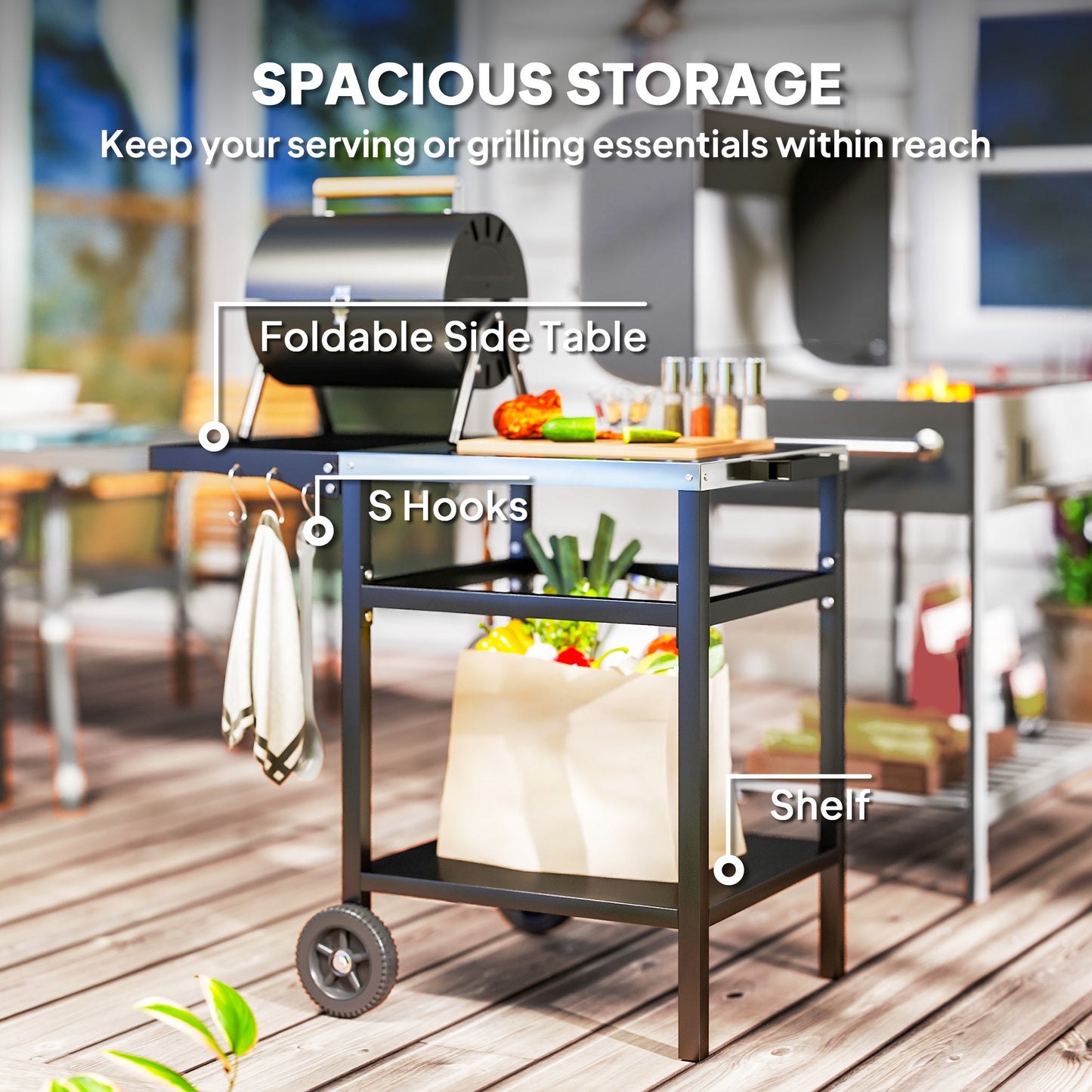 Outsunny Outdoor Kitchen Prep Station with Stainless Steel Top and Foldable Side Table, Pizza Oven Table Outdoor Prep Table with Hooks Shelf, Movable BBQ Table with Cover, Black |