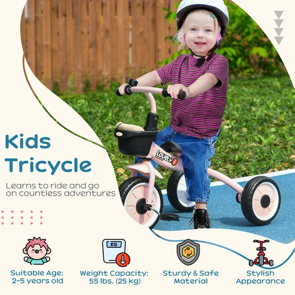 Tricycle avec siège réglable, panier, sonnette, rose