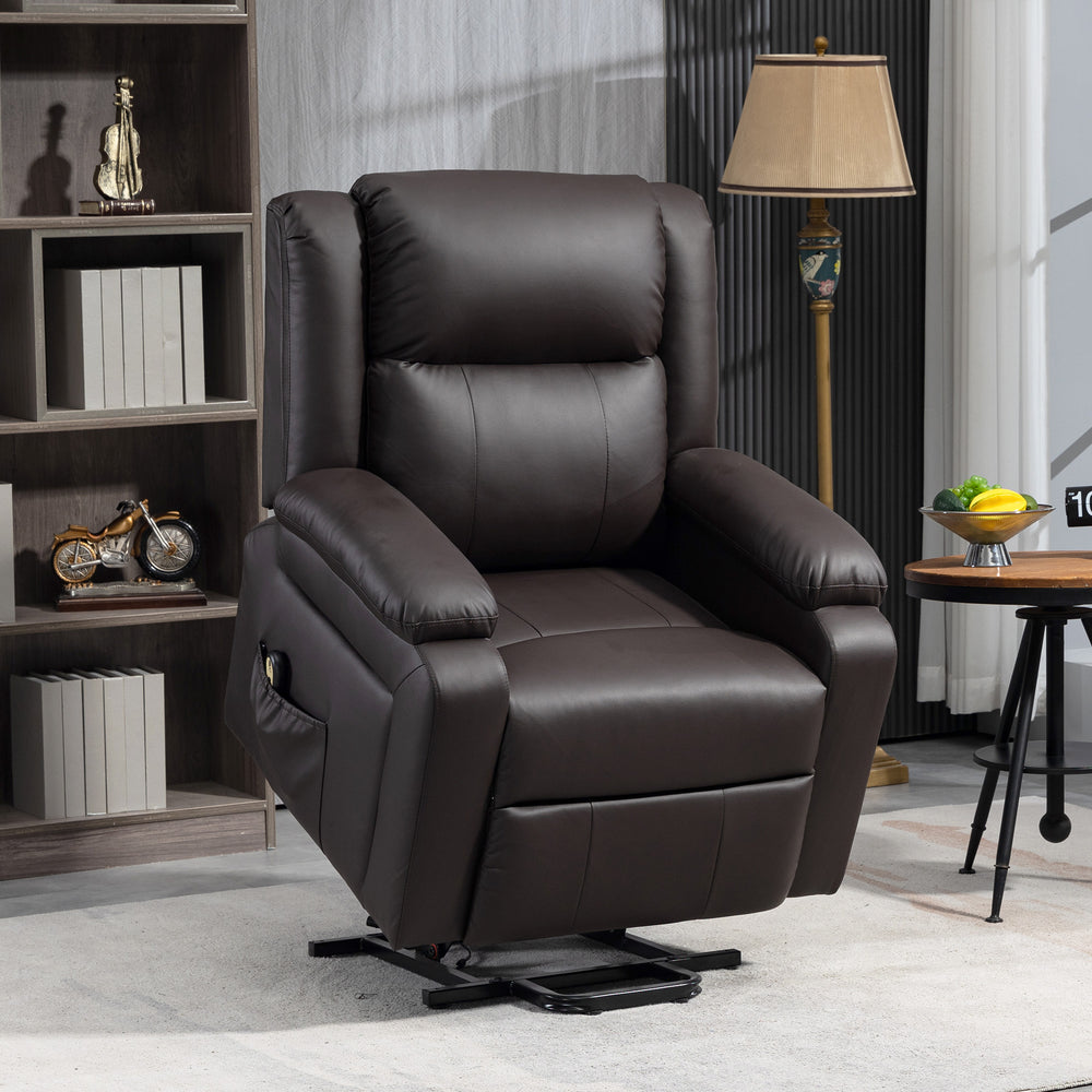Fauteuil releveur électrique en cuir synthétique avec télécommande et poches latérales, marron