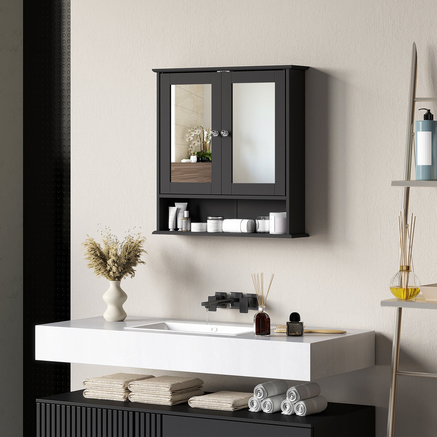 Armoire à pharmacie murale avec portes doubles, étagère ouverte et étagère réglable, noire