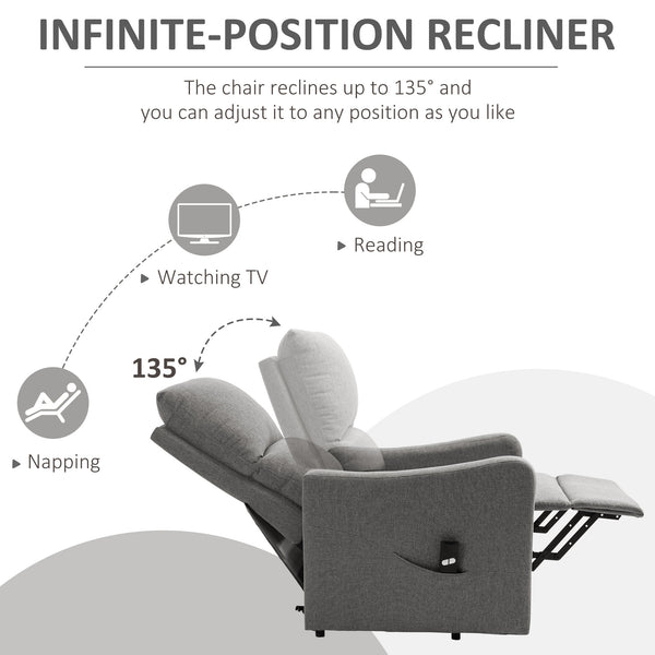 Fauteuil inclinable électrique relevable en tissu avec télécommande et poche latérale, gris