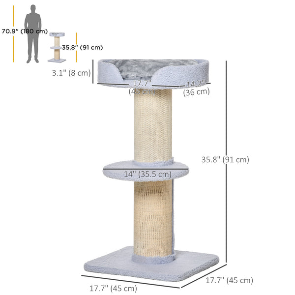 Cat tree with sisal mat, scratching post, basket, cushion and perch, light blue