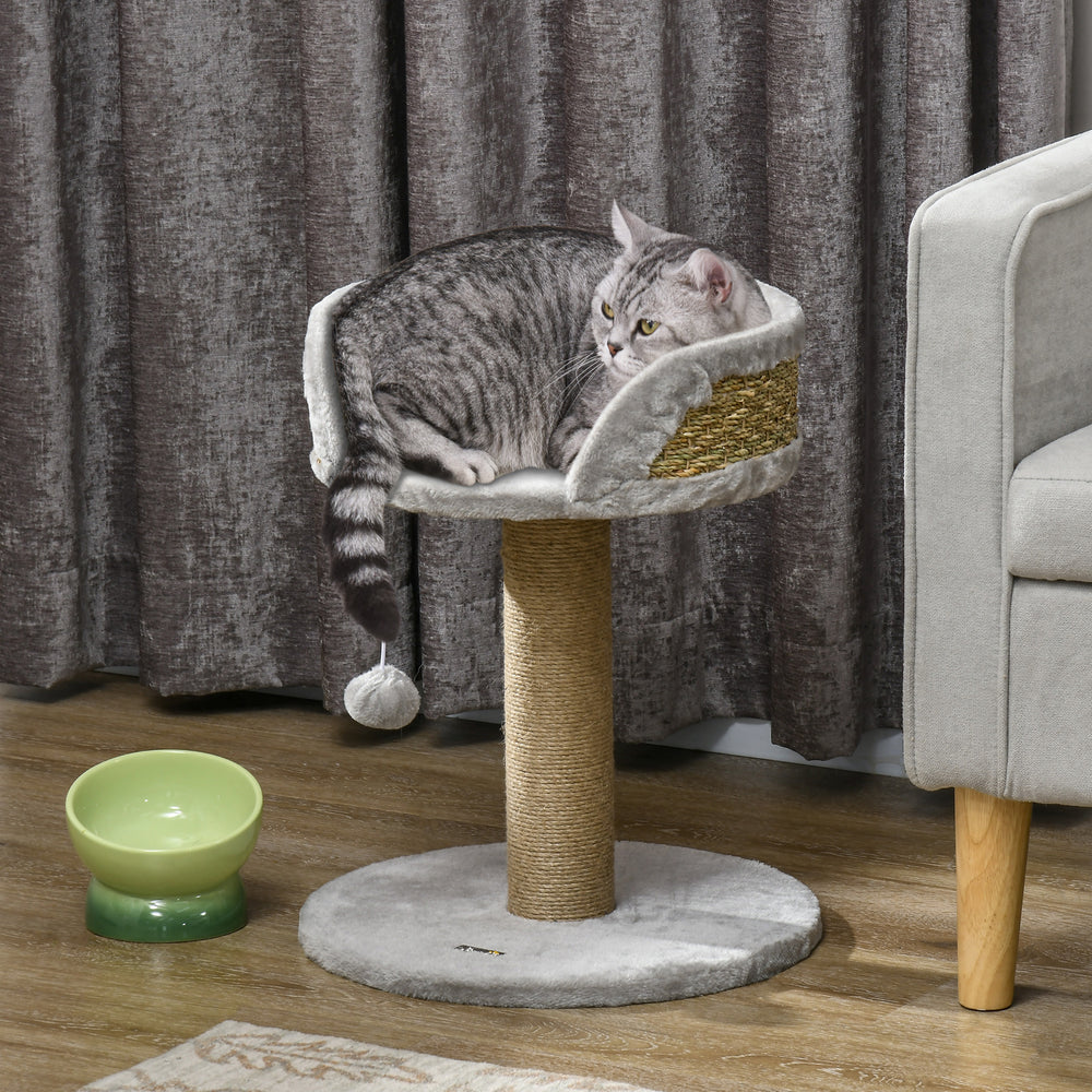 Cat tree with scratching post, play ball, perch and small tower, gray