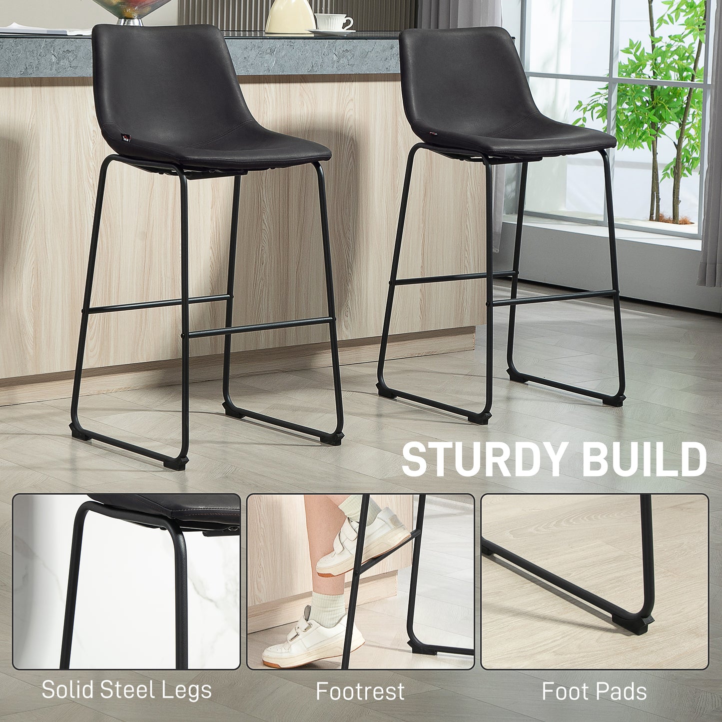 Set of 2 Vintage PU Leather Bar Stools, Kitchen Stools with Footrest, Dark Brown