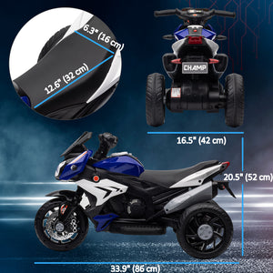 6V Electric Motorcycle with 3 Wheels, Music, Horn, Lights, Blue