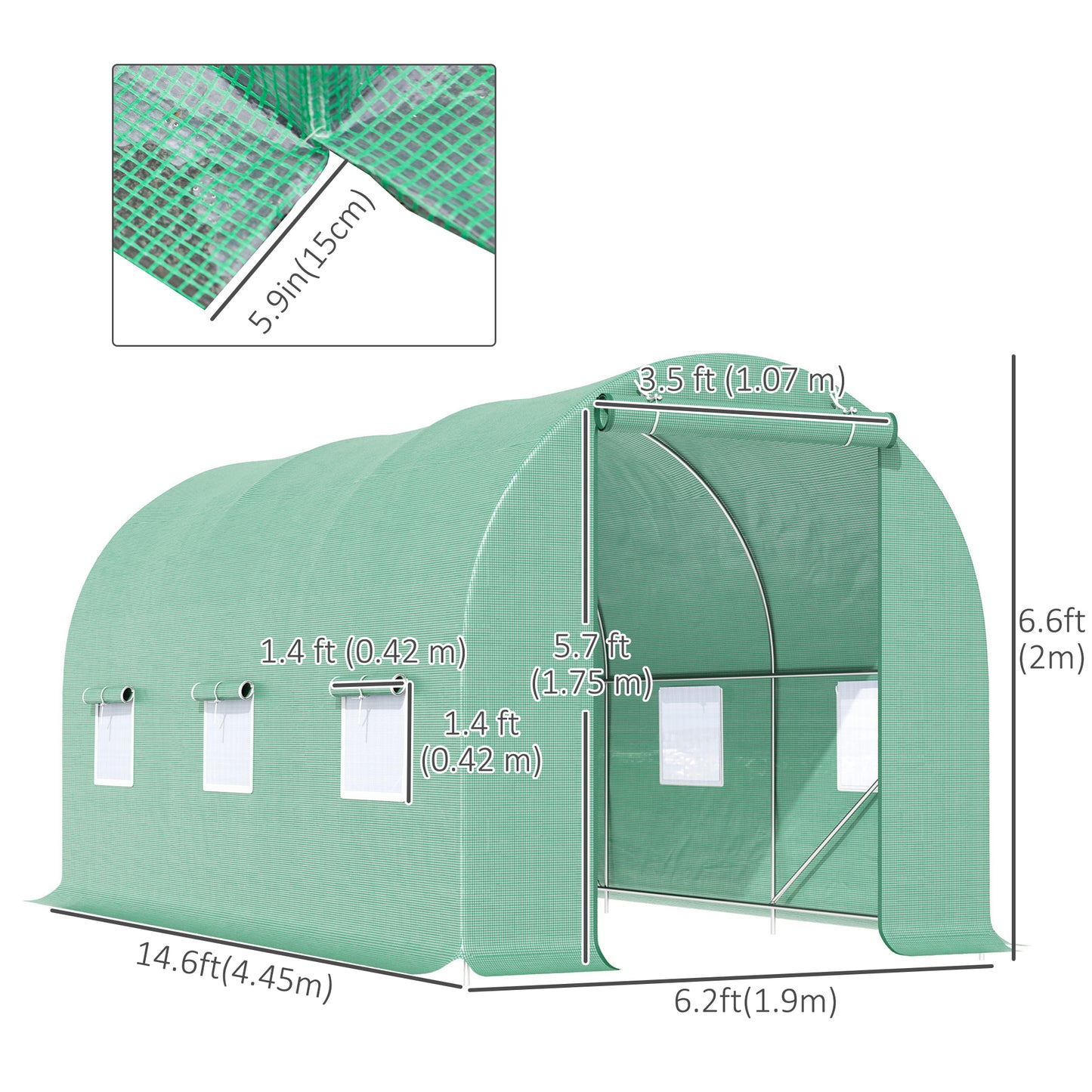 Outsunny 15' x 6.6' x 6.6' Tunnel Greenhouse with Roll-up Doors and Windows Warm Greenhouse for Growing Outdoor Plants