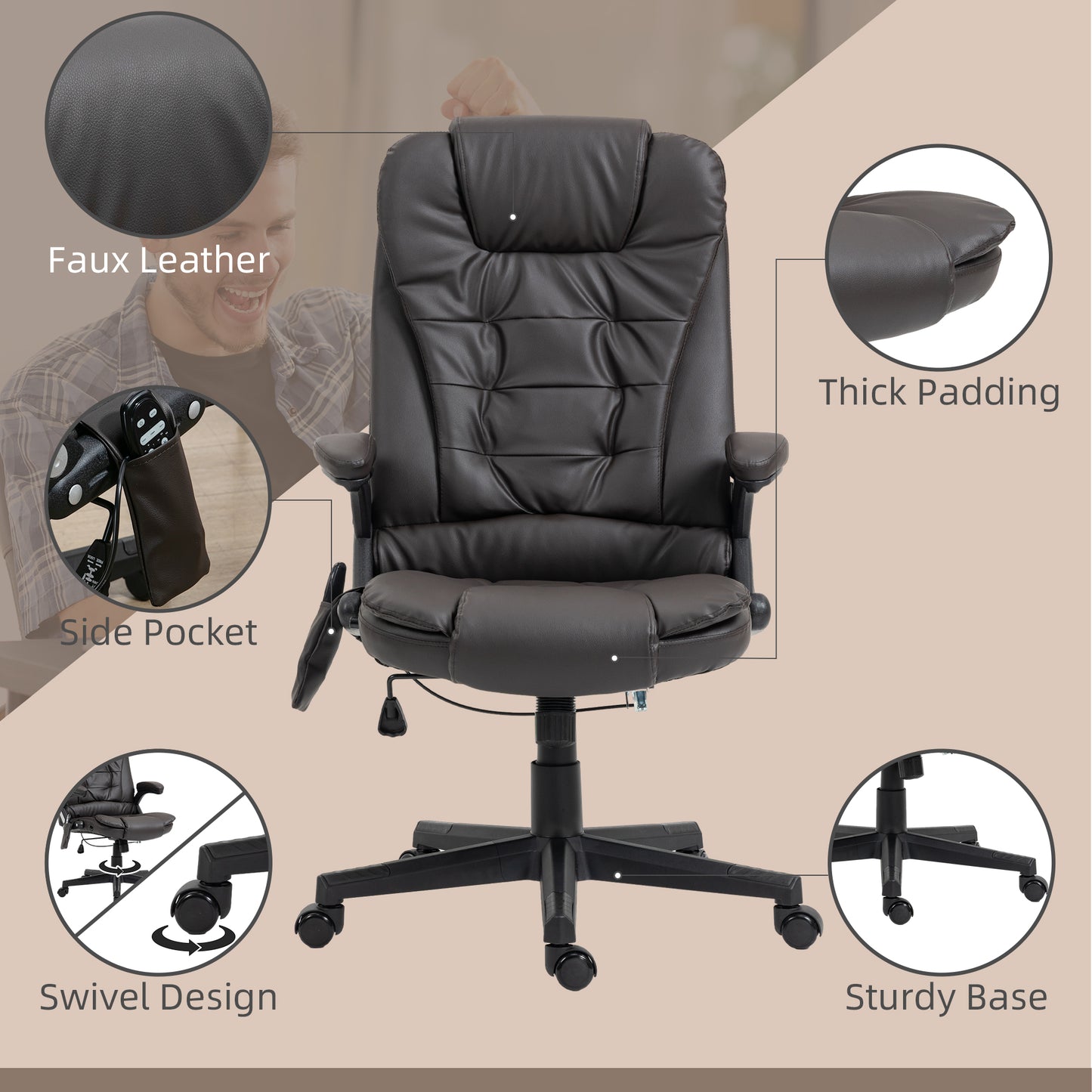Office chair, heated, ergonomic, massaging, swiveling, vibrating in imitation leather