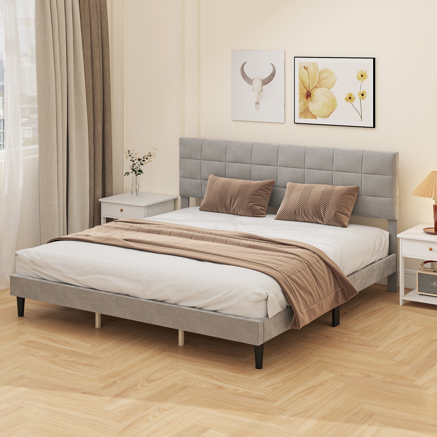 King size bed frame with upholstered headboard, wooden slats, 500 kg load capacity, grey