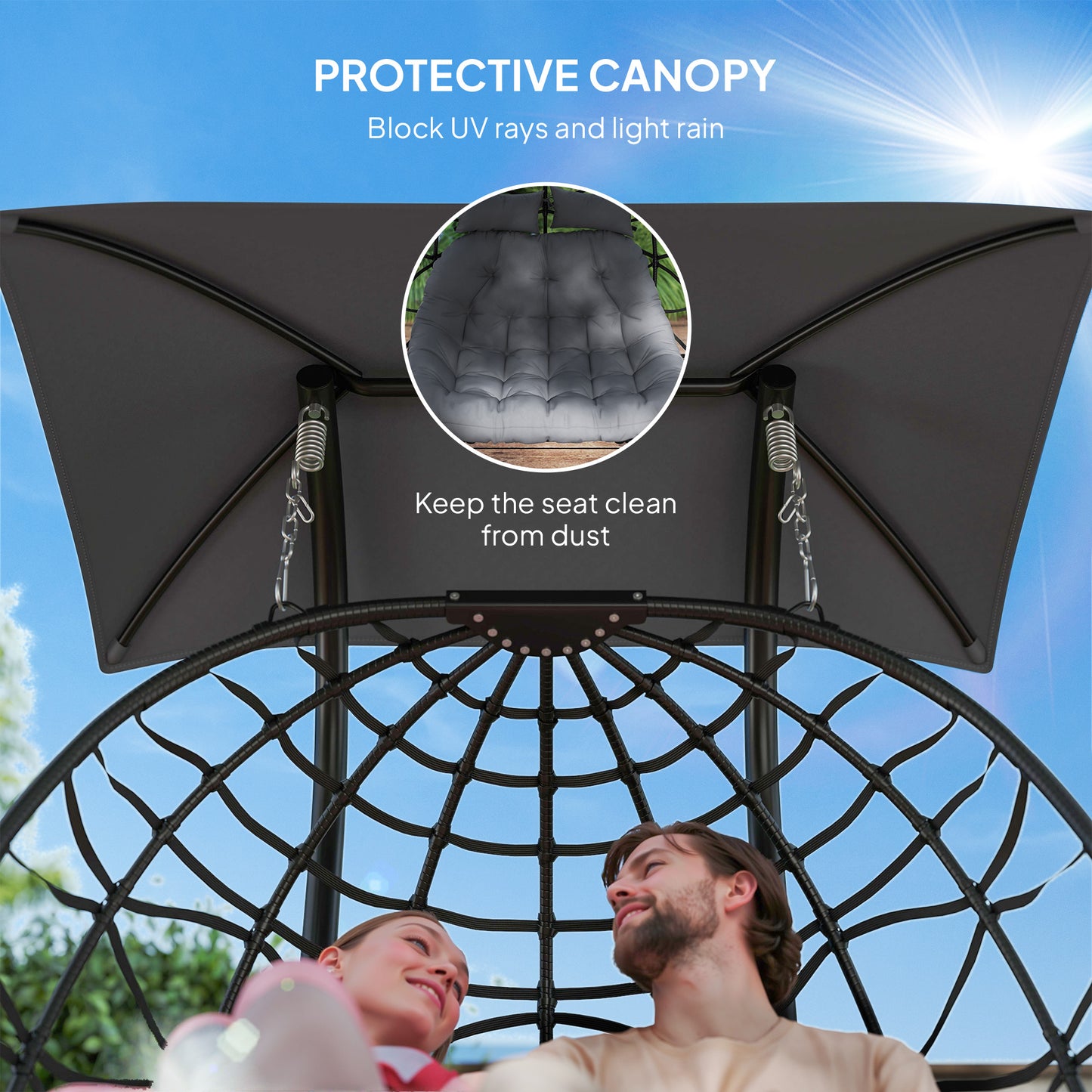 Outsunny Balancelle double en osier avec auvent, pliable et suspendue, avec appui-tête et coussin, noir