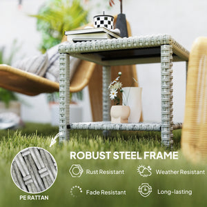 Table basse d'extérieur 48 cm en osier avec plateau en verre et étagère de rangement pour jardin, véranda, balcon, terrasse, gris foncé