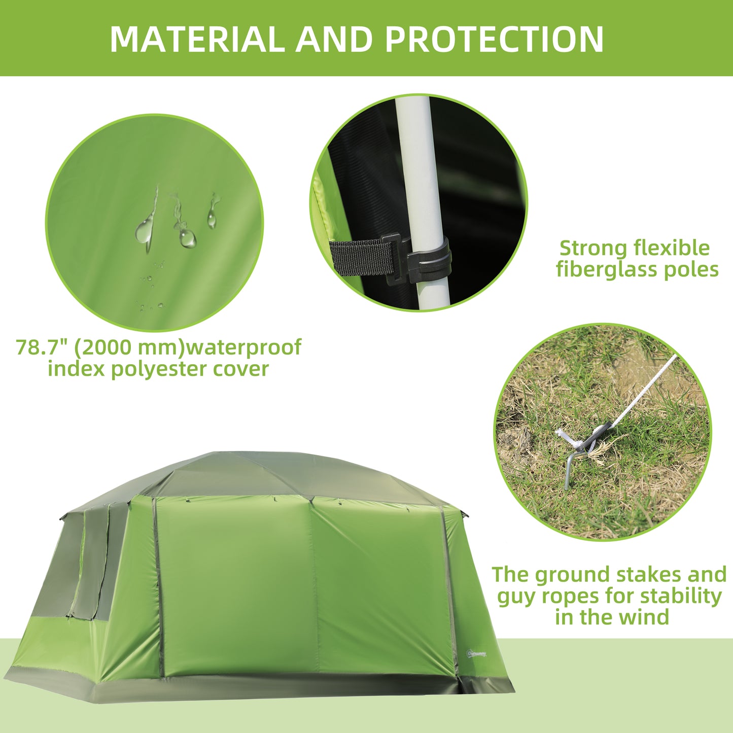 Outsunny Tunnel Tent with Porch, Two Rooms, Lamp Hook, Portable Carry Bag, Green
