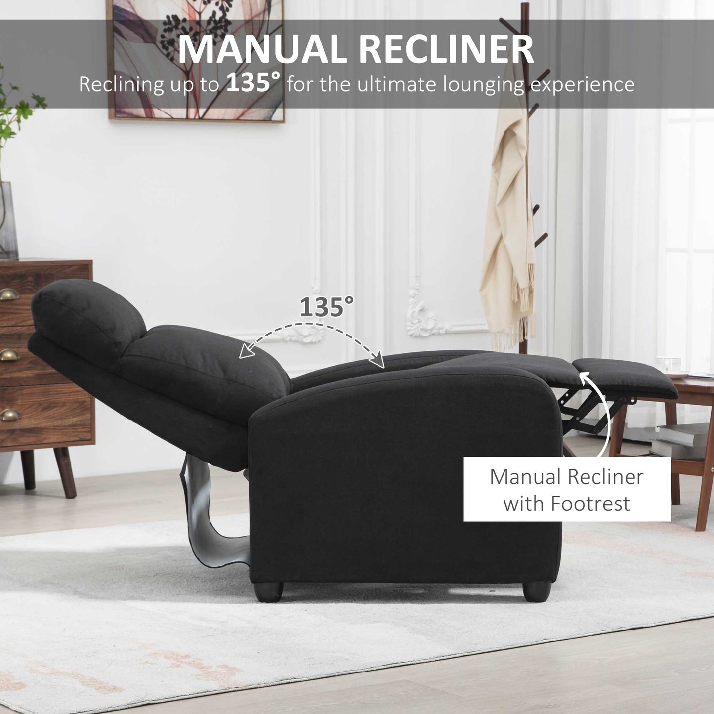 Fabric Recliner Chair, Single Recliner with Padded Seat for Living Room, Black