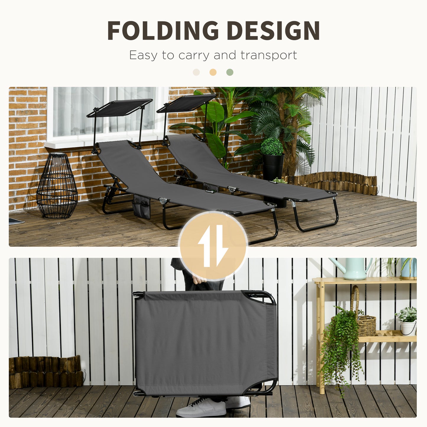 Lot de 2 chaises longues avec dossier inclinable avec parasol pour plage et terrasse, gris foncé