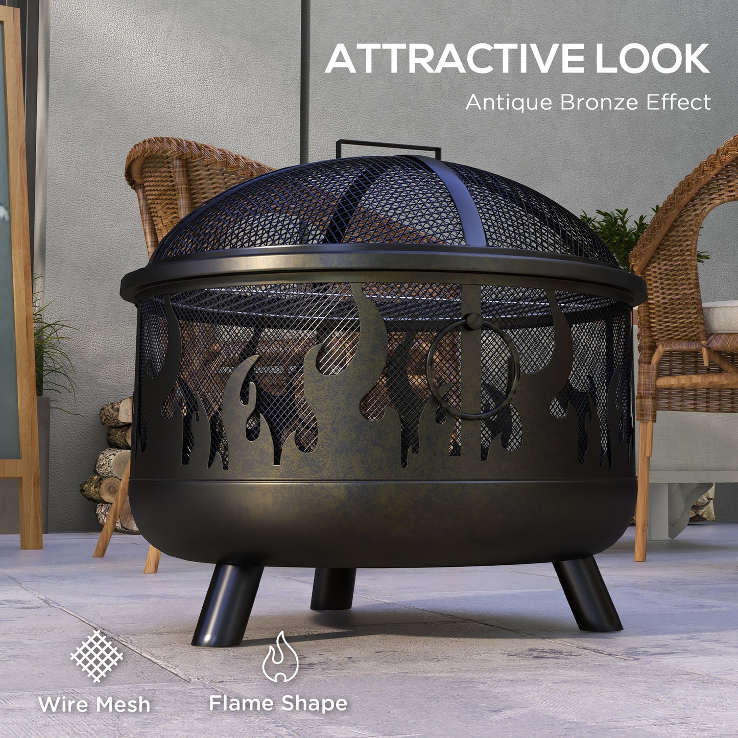 Foyer d'extérieur en métal rond de 61 cm avec couvercle et poignées de barbecue pour jardin, camping, barbecue, feu de joie, noir