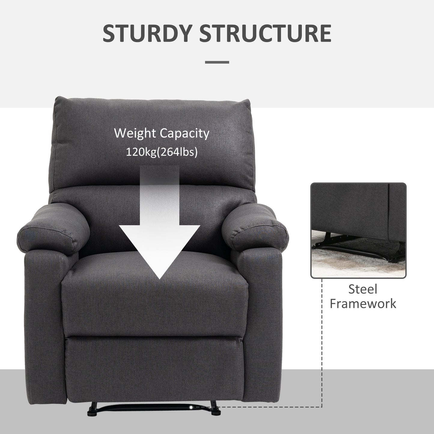 Fauteuil inclinable manuel avec repose-pieds, assise rembourrée, gris foncé