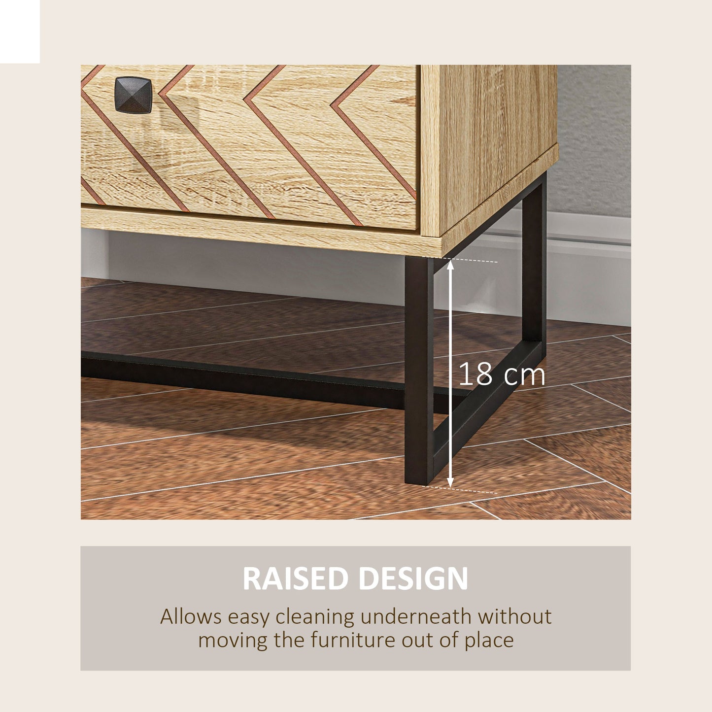 Table de chevet moderne avec tiroirs et pieds en métal, design en zigzag, couleur naturelle